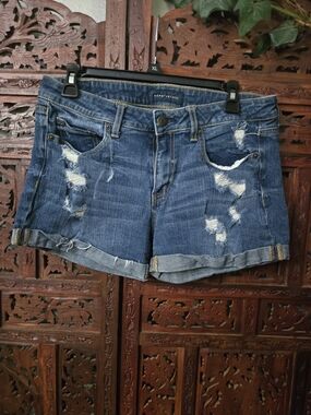 Aeropostale Distressed Cuffed Denim Shorts in Dark Blue